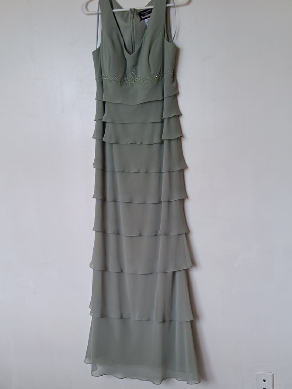 Vintage Lourea Sage Green Tiered Chiffon Maxi Dress with Beaded Waist Detail